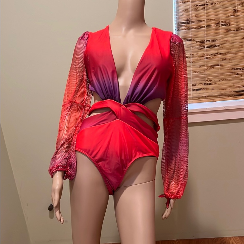 Red and Purple Plunge Swimsuit With Net Sleeves And Cutouts Size 2X